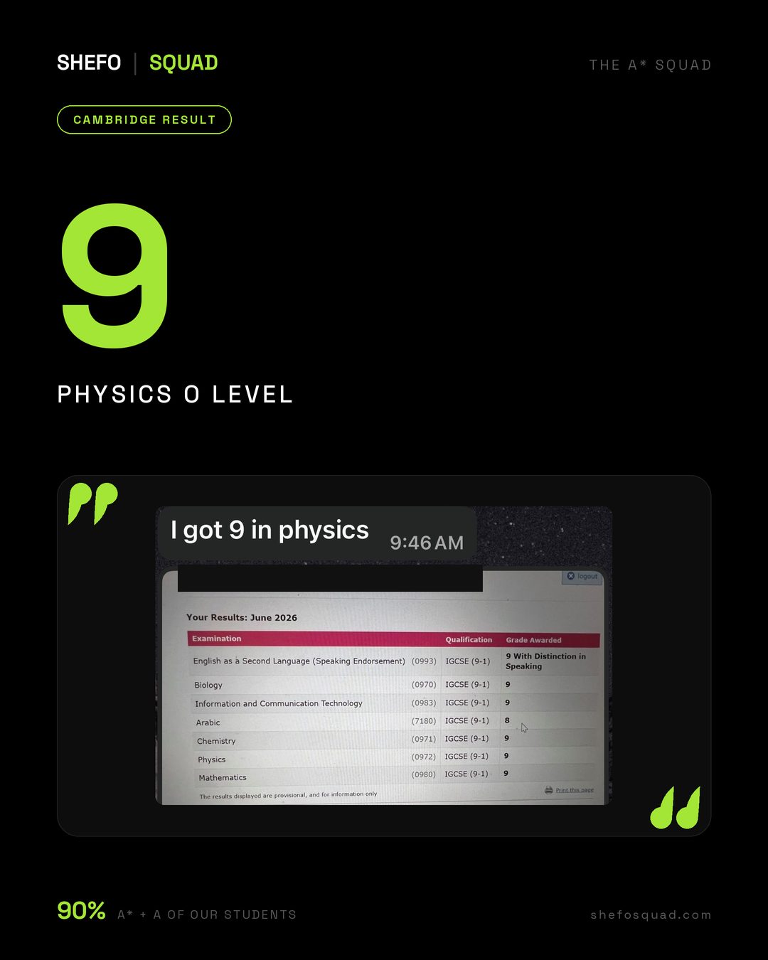 Cambridge IGCSE results slip, June 2026, Physics 0972 grade 9, a Shefo Squad student