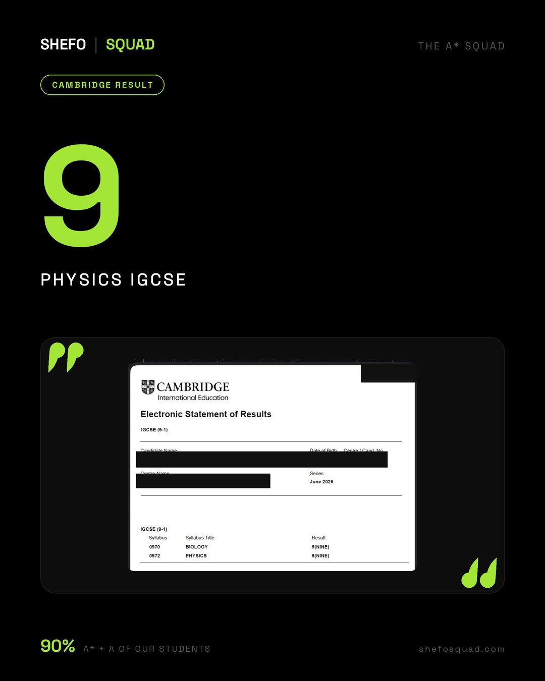 Cambridge Electronic Statement of Results, IGCSE Physics 0972 grade 9, June 2026