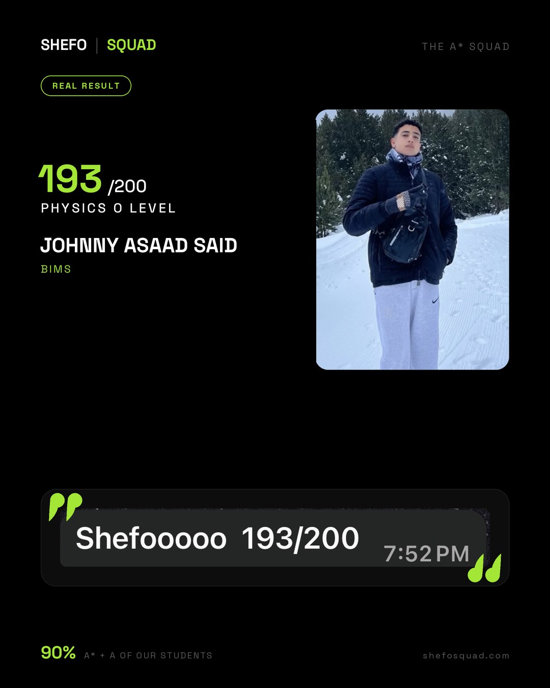 Johnny Asaad Said of BIMS scored 193 out of 200 in O Level Physics with Shefo Squad