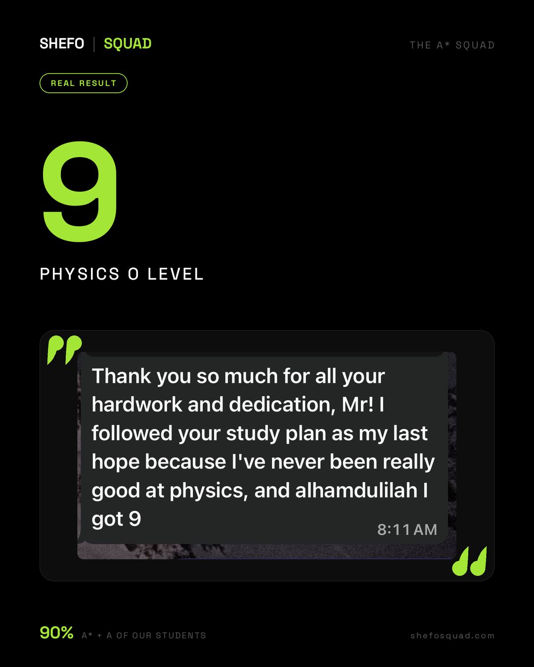 Student message on results morning, IGCSE Physics grade 9 after following the Shefo Squad study plan